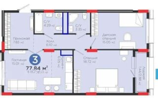 Продажа 3-комнатной квартиры, 77.84 м²
