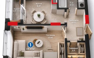 Продажа 1-комнатной квартиры, 33.55 м²