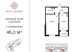 Продажа 1-комнатной квартиры, 46.3 м², пр. Рыскулова, дом  103/7 стр - Продажа квартир в новостройках Алматы