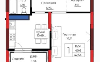 Продажа 1-комнатной квартиры, 42 м²