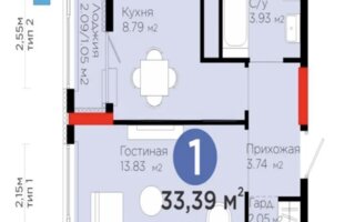 Продажа 1-комнатной квартиры, 33.39 м²