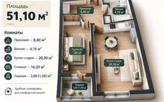 Продажа 1-комнатной квартиры, 51.1 м²