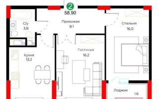 Продажа 2-комнатной квартиры, 58.9 м²